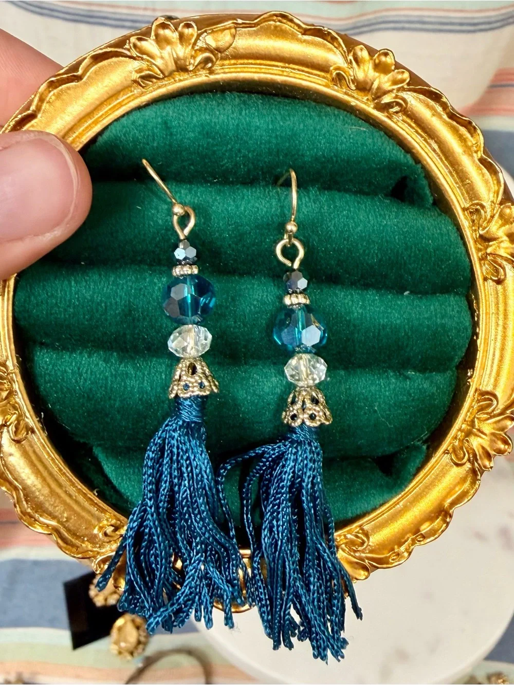 Avon Necklace with Teal Beads and Navy Tassel + Earring Set